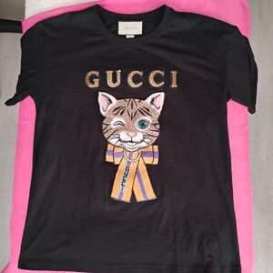 Authentic Vintage Monogramed Womens Black Tee with Cat Embroidery